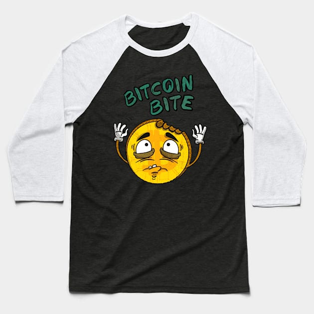 Bitcoin Bite Cryptocurrency Retro Cartoon Coin Baseball T-Shirt by Foxxy Merch